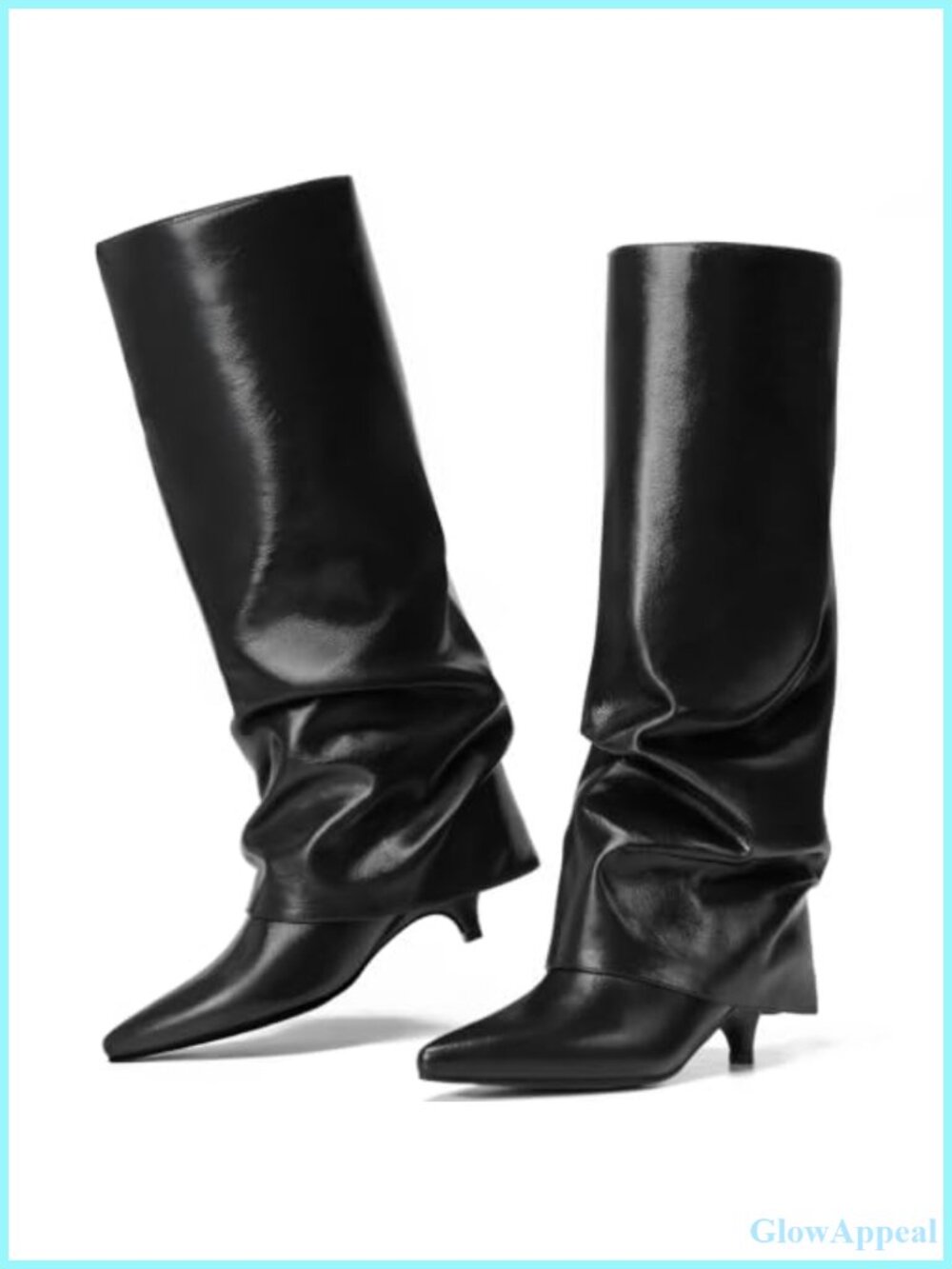 Women's Faux Leather Knee High Boots Pointed Toe Kitten Heel Pull-On Slouchy